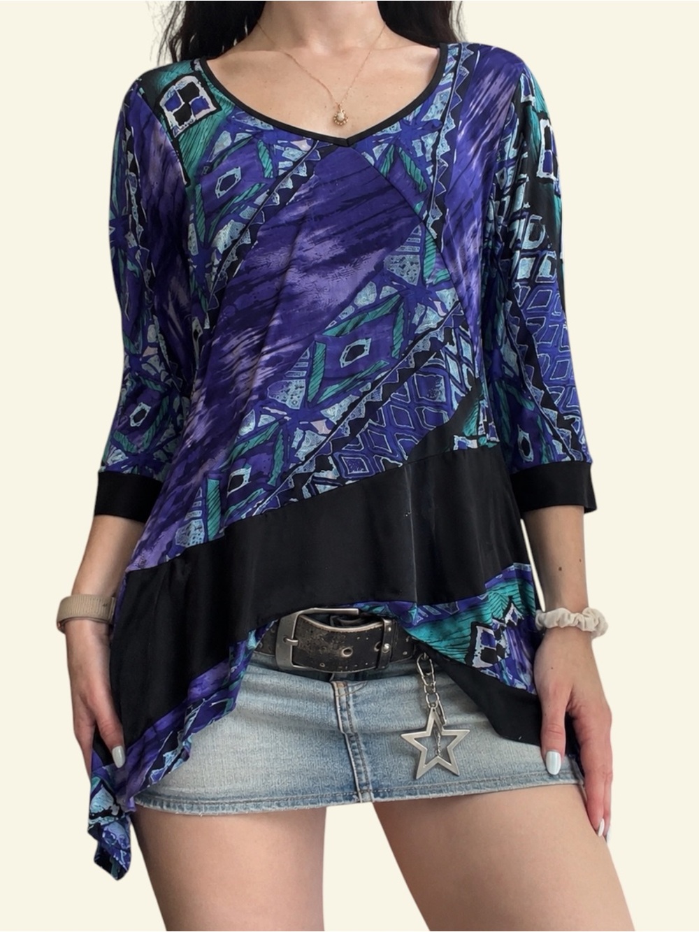 VTG Y2K Pretty Woman Purple Abstract Geometric V-Neck Tunic Top Medium Whimsy